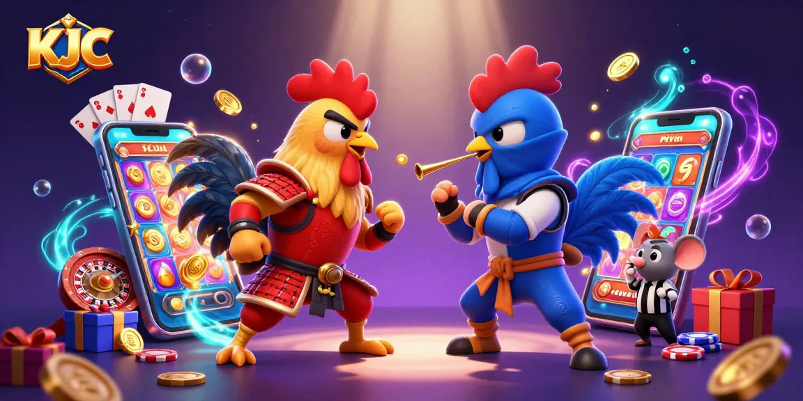 KJC showcases a dynamic standoff of samurai and ninja roosters amidst exciting casino games and golden decorations.