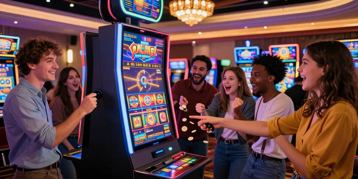 Excited friends around a PG SLOT machine in a vibrant casino atmosphere.