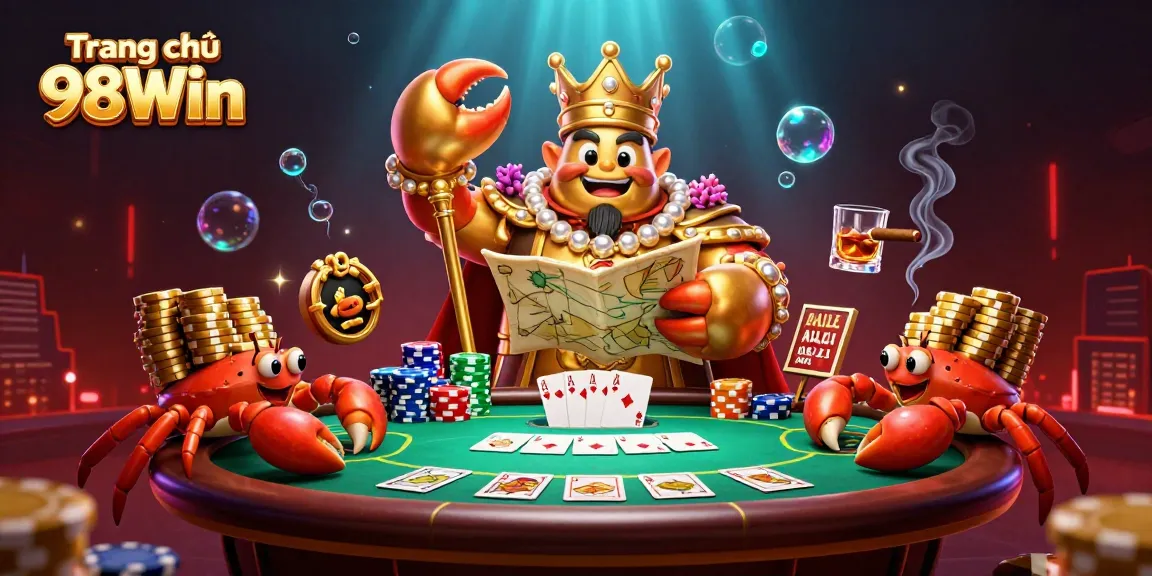 Experience the exciting world of gambling at Trang chủ 98Win with immersive visuals featuring a golden crab emperor.