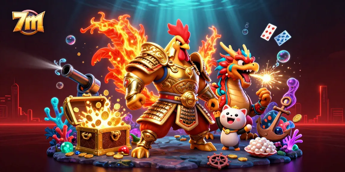 Experience the thrill of 7m with a dynamic 3D scene featuring a powerful rooster warrior and dragon hatchling.