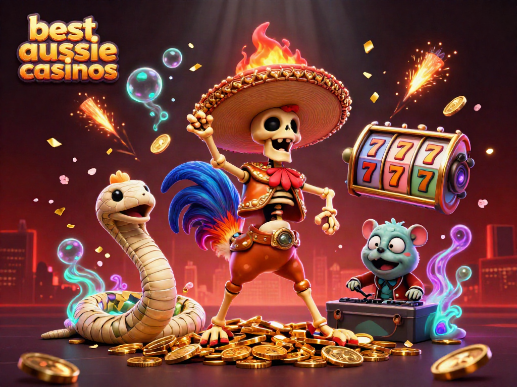 Dynamic illustration of the best aussie online casinos featuring a cartoon rooster on a gold coin pile.