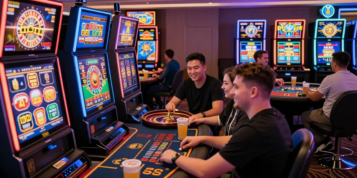 Players enjoying slot luar negeri games in a lively online gambling environment.