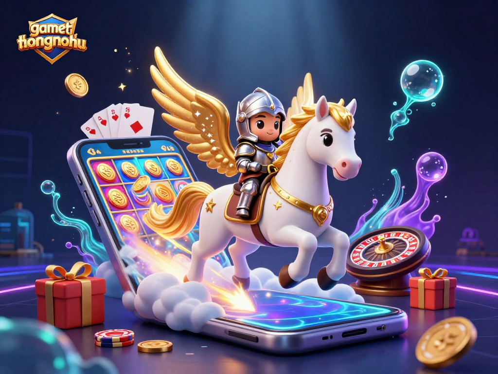 Spin and win with gamethuongnohu in a vibrant online casino scene featuring a celestial horse and knight.