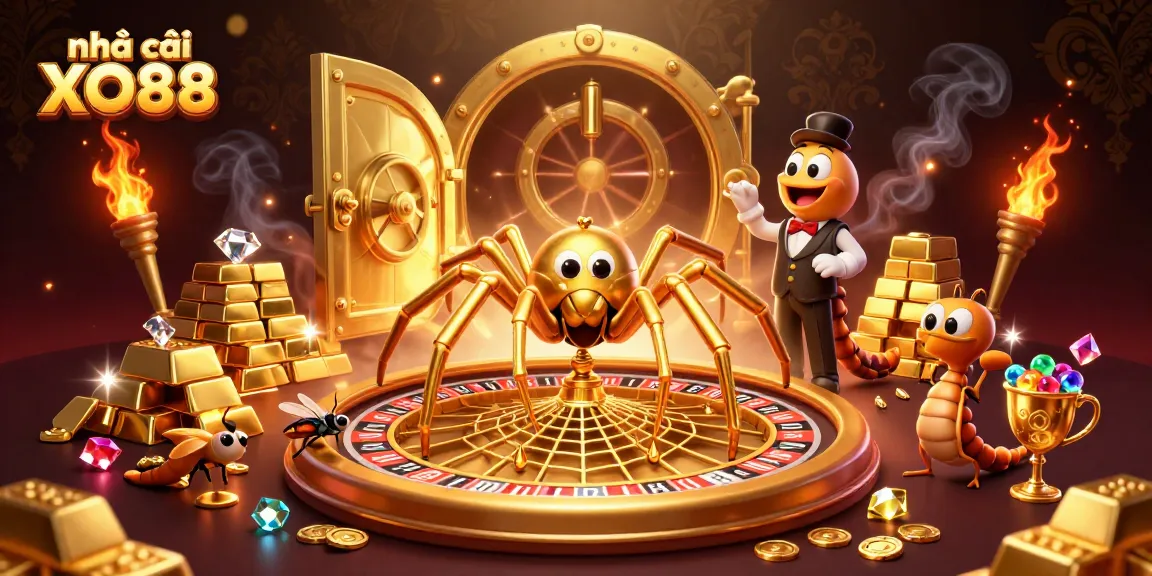 Engage with nhà cái XO88 in a vibrant 3D casino scene featuring a golden spider and a centipede croupier.