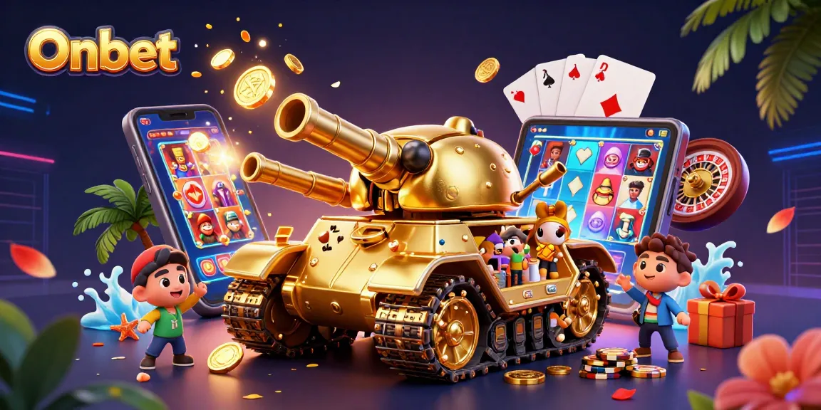 Engage with Onbet's thrilling mini-casino within a golden beetle tank, surrounded by vibrant game elements.