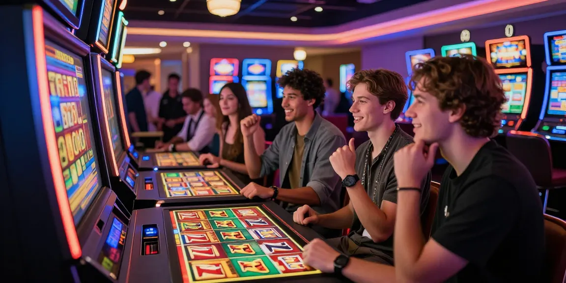 Players immersed in a thrilling 777 slot machine game, celebrating wins in a lively casino atmosphere.