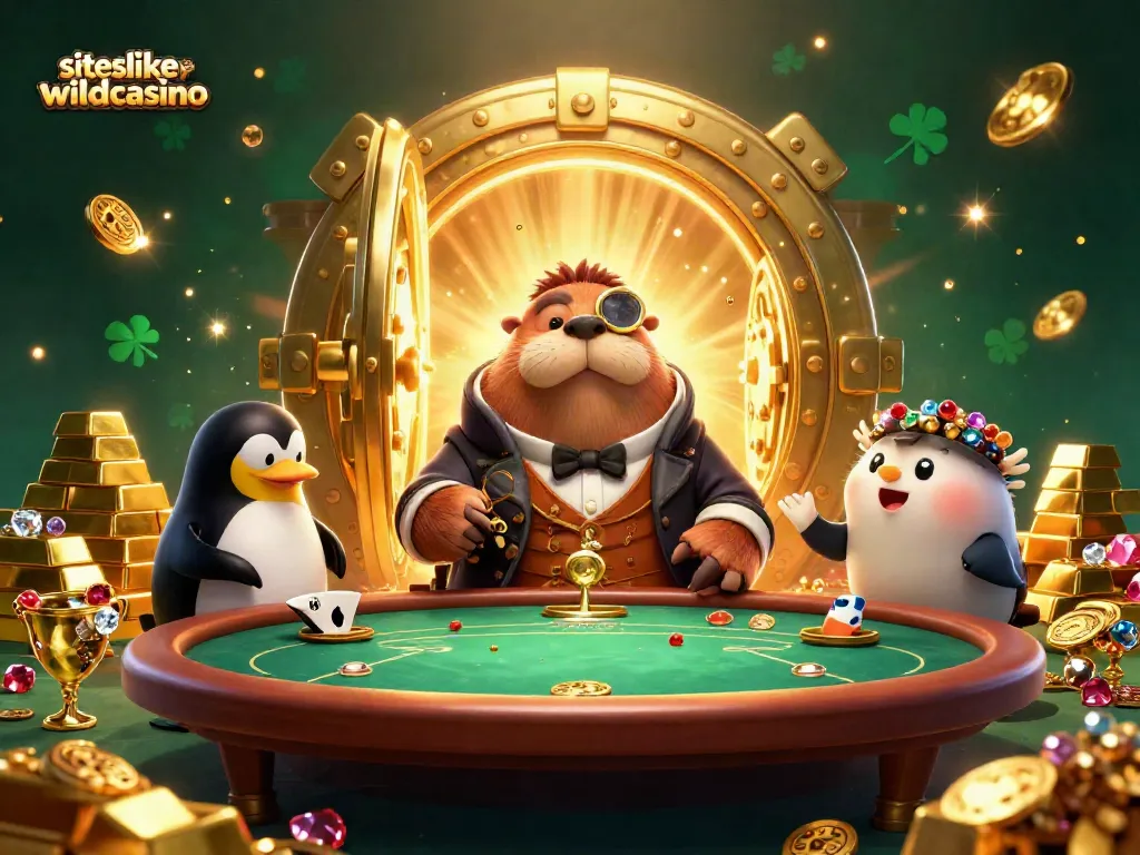 Experience gaming excitement with siteslikewildcasino featuring a walrus, penguin dealer, and pufferfish player at a poker table.