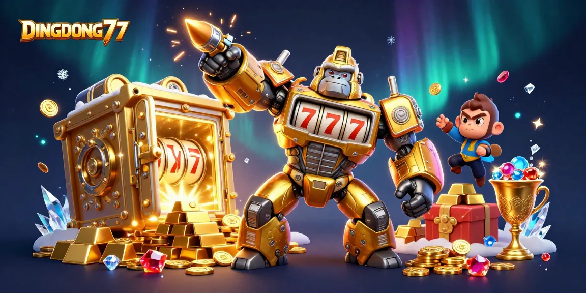 DINGDONG77 features a golden gorilla mech surrounded by jackpot symbols and treasure elements.