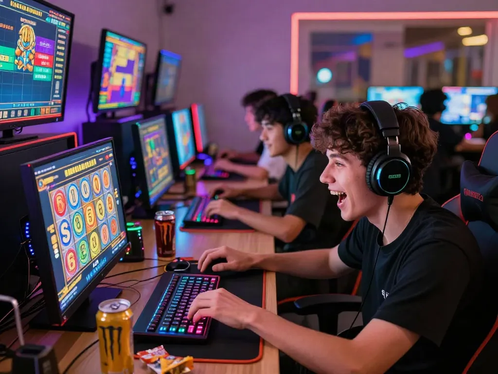 Group enjoying slot gacor gameplay with vibrant digital displays and gaming gear.