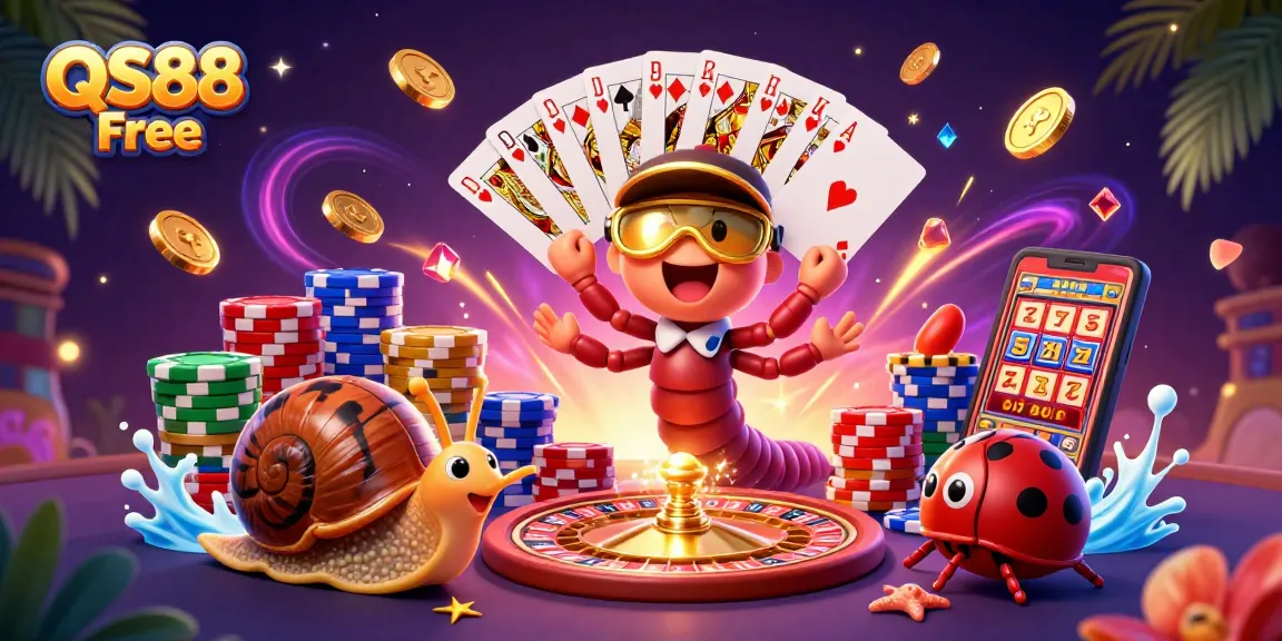Experience the thrill of QS88 Free with a vibrant casino illustration showcasing excitement and winning cards.