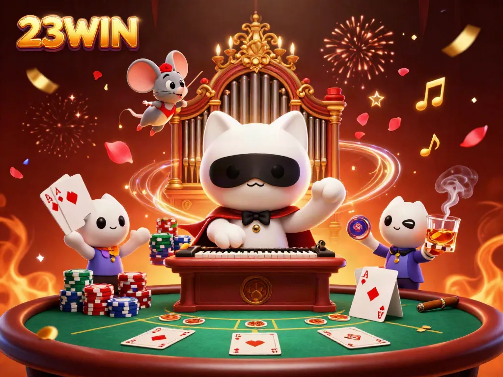 Engage with 23WIN's captivating casino scene featuring a whimsical cat character and vibrant gaming elements.