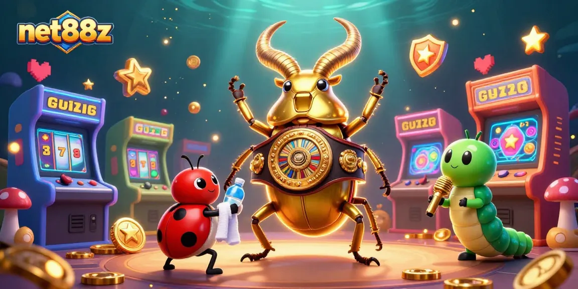 Engage with net88z's vibrant 3D scene featuring a boxing beetle amidst colorful casino slot elements.