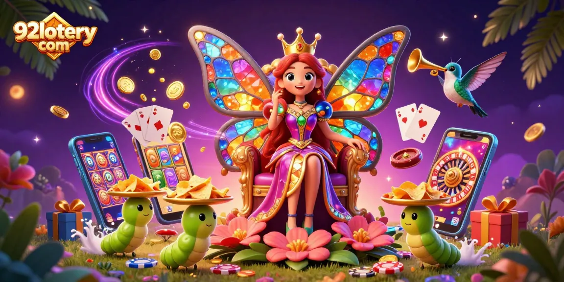 Engage with excitement at 92lottery com with colorful slot games and a vibrant butterfly queen.
