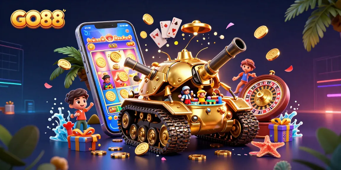 Experience the excitement of GO88 with a dynamic casino illustration featuring vibrant gaming elements and engaging characters.