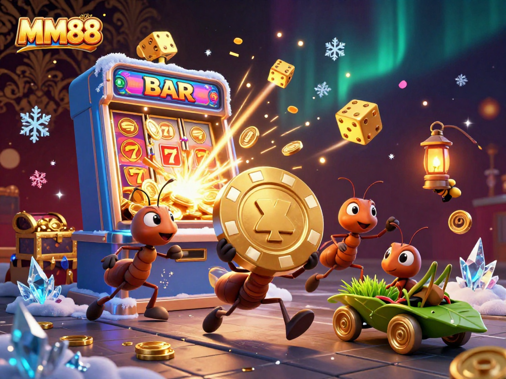Engage in exciting gaming with MM88 as cartoon ants carry a massive poker chip amidst a jubilant casino scene.