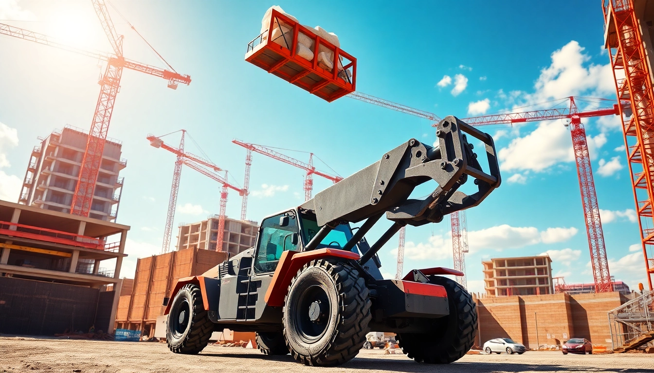 Telehandler lifting construction materials at a busy site with cranes and buildings.
