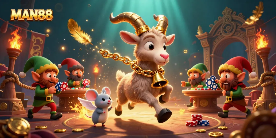 MAN88's holiday casino scene with a Krampus goat and mischief-making elves stealing poker chips.