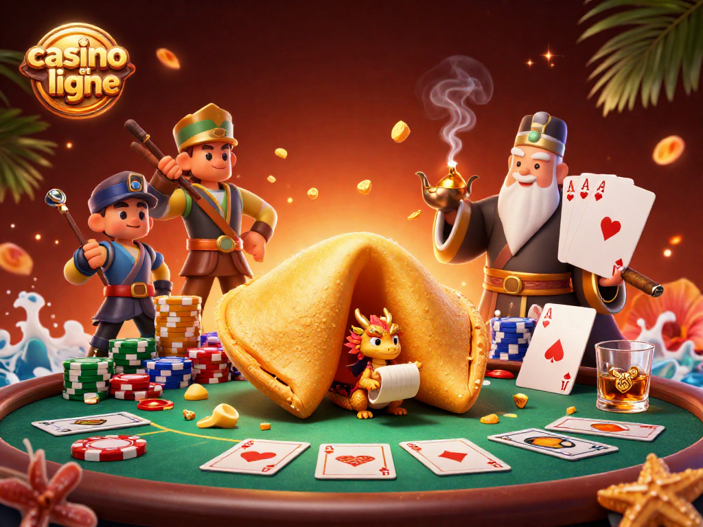 Jouez dans un casino en ligne avec des personnages fantastiques et des éléments de poker colorés.