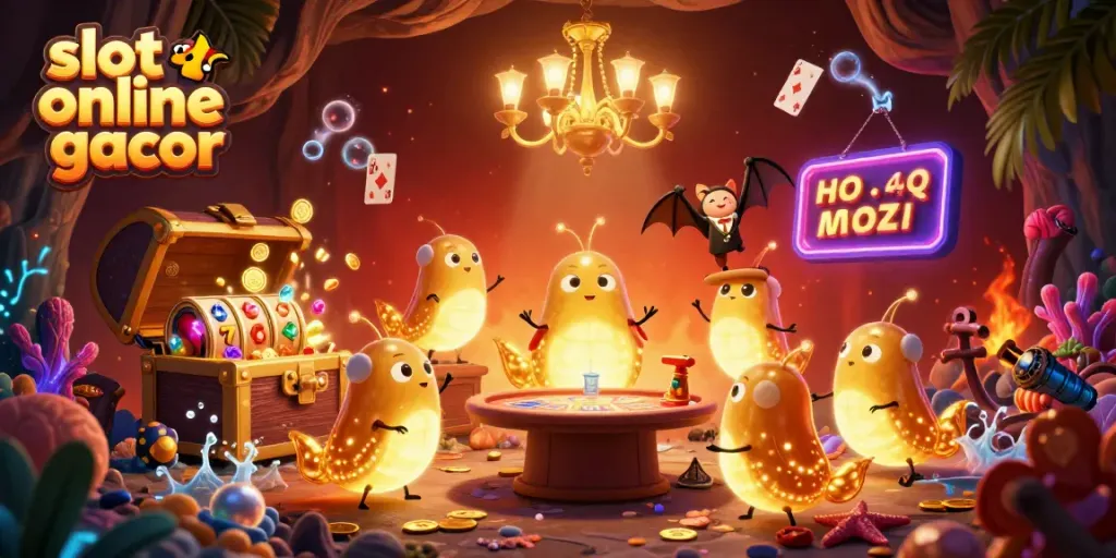 Experience the excitement of slot online gacor with vibrant glowworms illuminating a cave casino, showcasing immersive game elements.