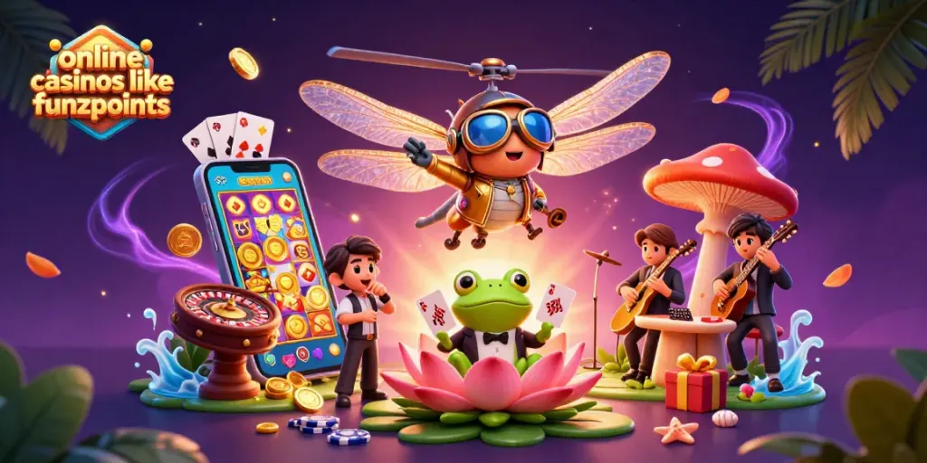 Engage with online casinos like Funzpoints through a vibrant scene featuring gaming action, slot games, and dynamic characters.
