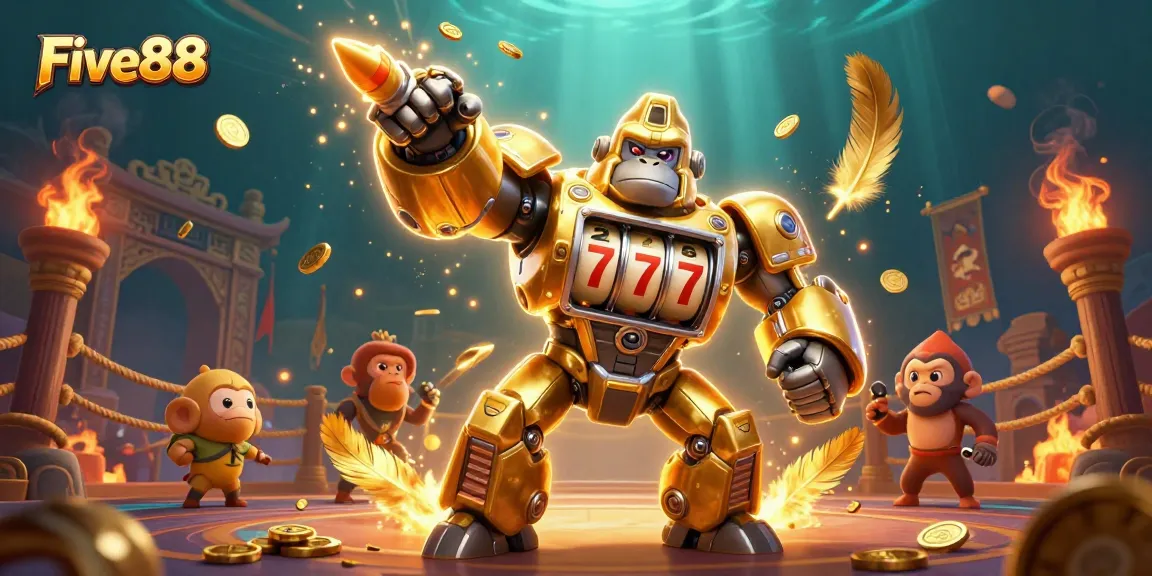 Experience the dynamic action of Five88 with a golden gorilla mech bursting coins in a captivating casino scene.