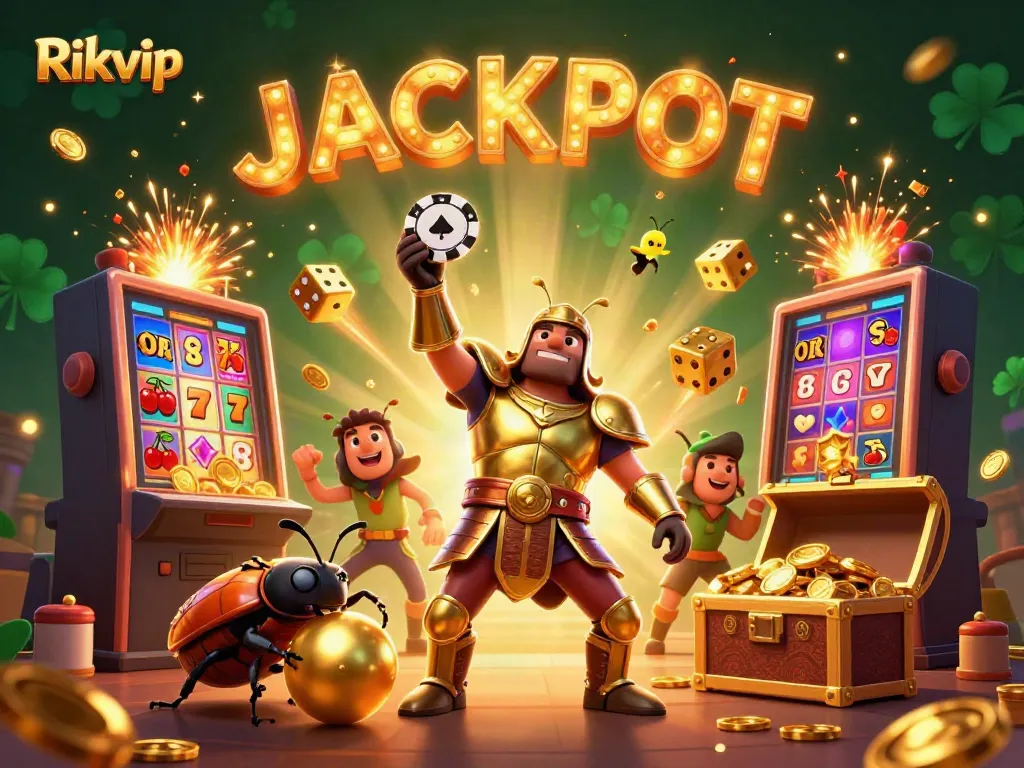 Experience the thrill of Rikvip with a victorious beetle glimmering in a vibrant casino explosion.