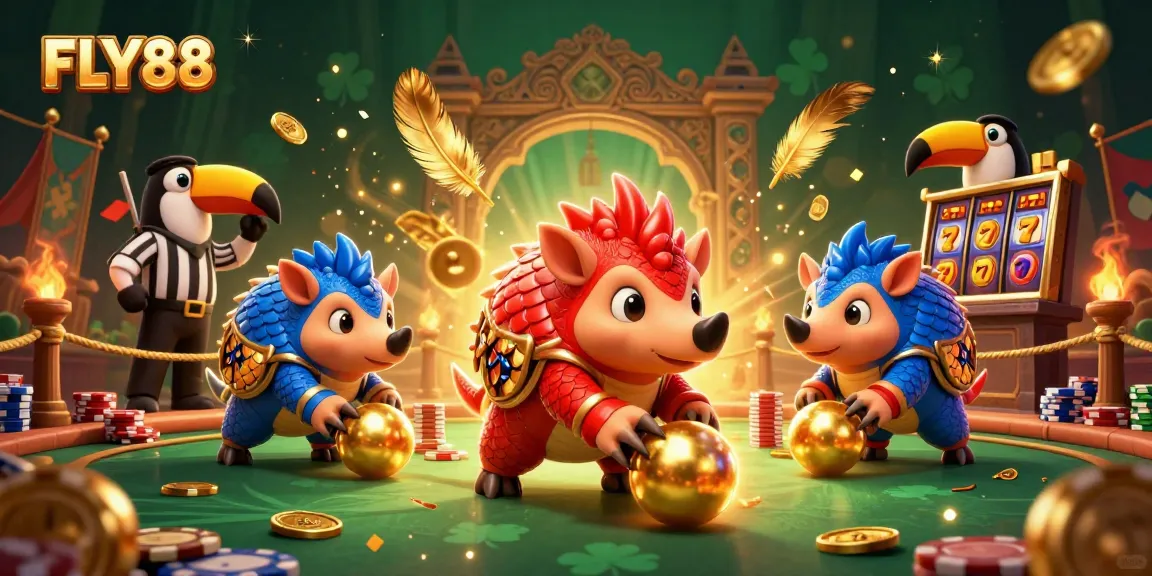 FLY88 pangolins rolling golden balls and poker chips in a dynamic casino scene.