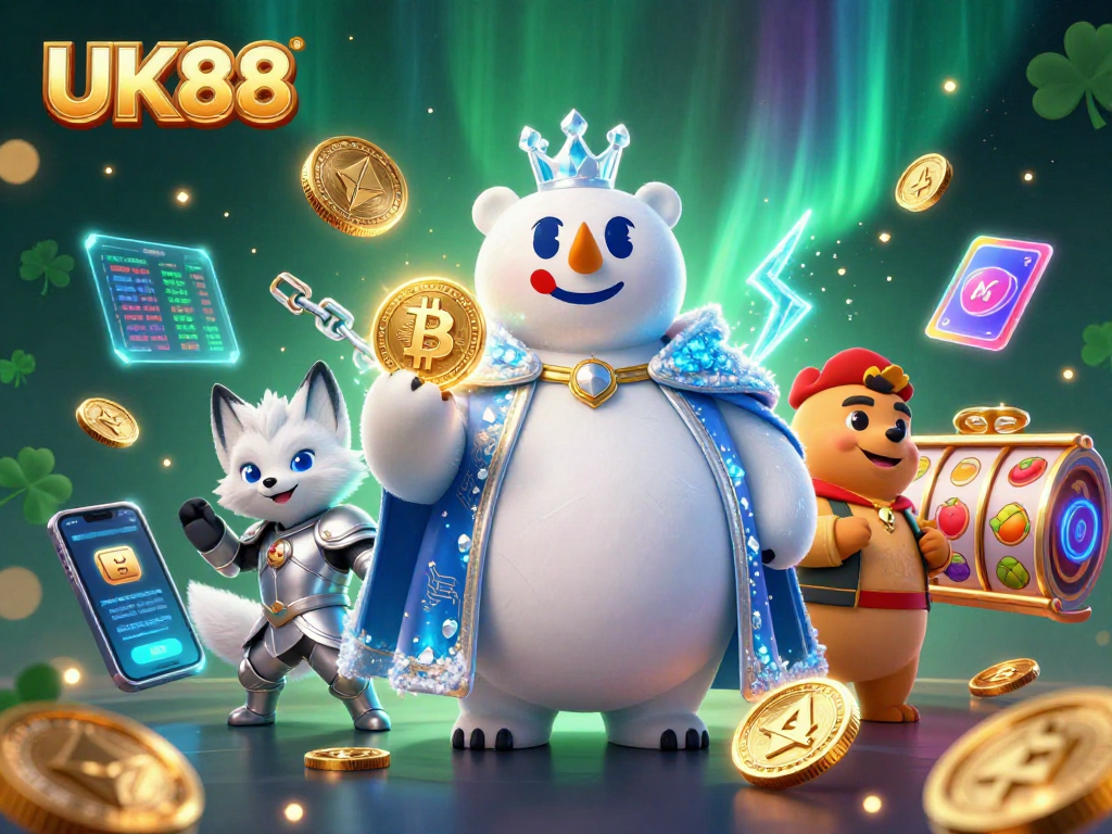 Engage with UK88's vibrant gaming universe featuring a cartoon ice king and riveting slot elements.