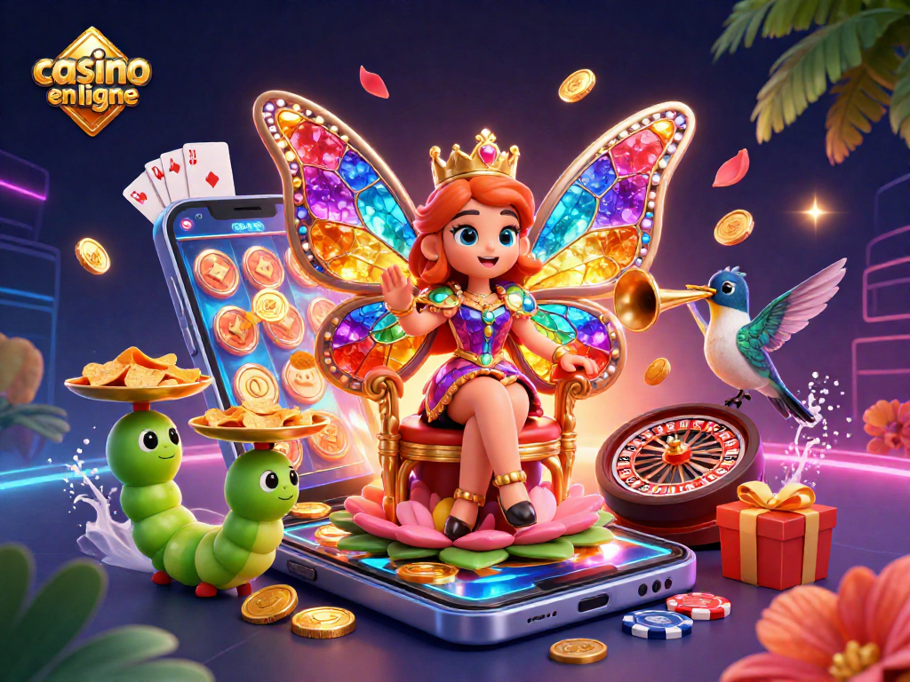 Profitez d'une expérience de casino en ligne dynamique avec une reine papillon et des éléments de jeu captivants.