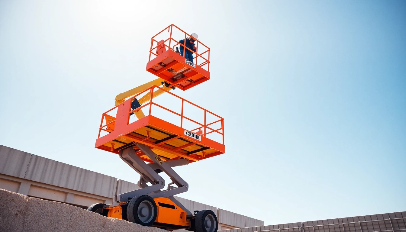 Operating a genie boom lift to reach high construction areas efficiently.