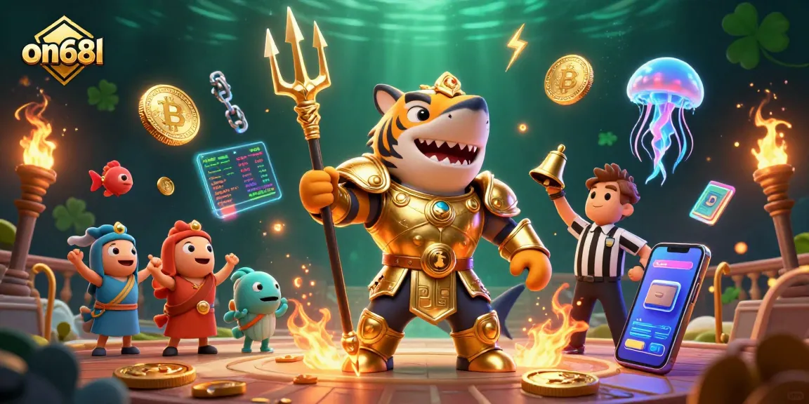 Engage with on68l's thrilling underwater casino scene featuring a gladiator shark and vibrant crypto elements.