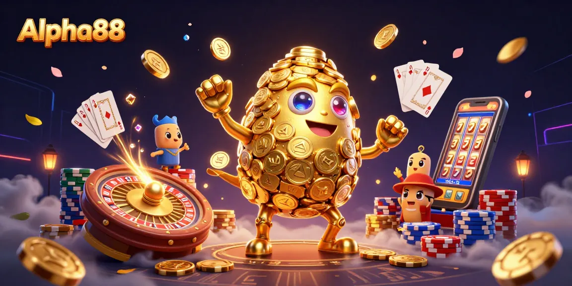 Engage with Alpha88's dynamic gaming world through vibrant 3D slots and casino illustrations.