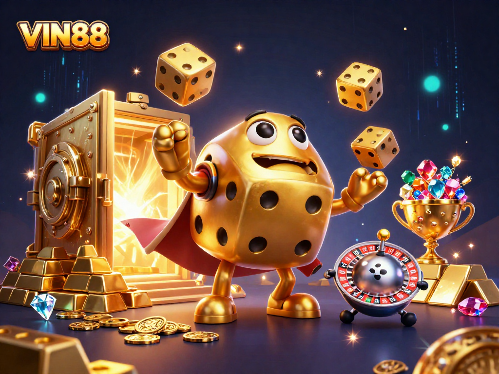 Engage with the thrill of VIN88 as the golden dice golem juggles gems and gold in a vibrant casino scene.