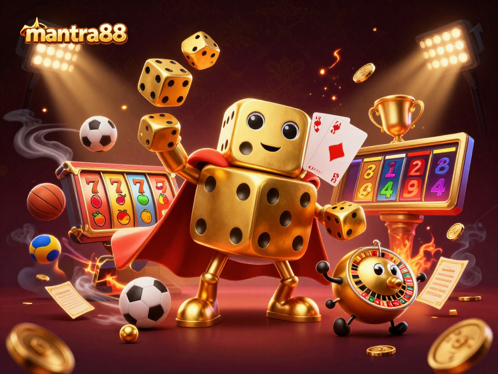Experience exhilarating wins at mantra88 with golden dice golem juggling luck, surrounded by vibrant slots and sports elements.