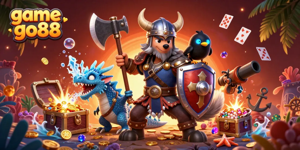 Experience the excitement of game go88 with a Viking warrior, fierce dragon, and vibrant casino elements.