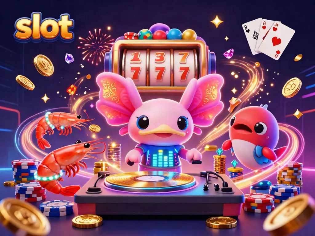 Mendapatkan jackpot slot dengan 3D kartun neon berwarna cerah dalam pesta kasino bawah air.