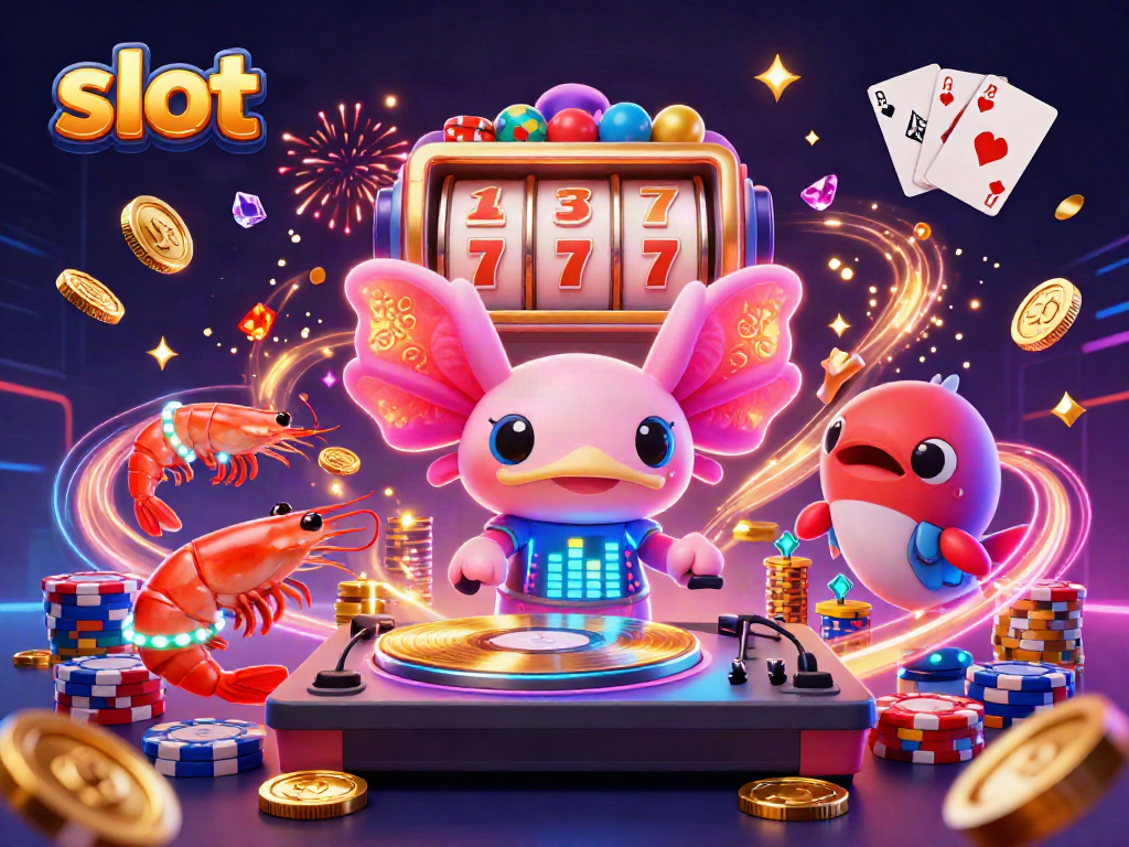Mendapatkan jackpot slot dengan 3D kartun neon berwarna cerah dalam pesta kasino bawah air.
