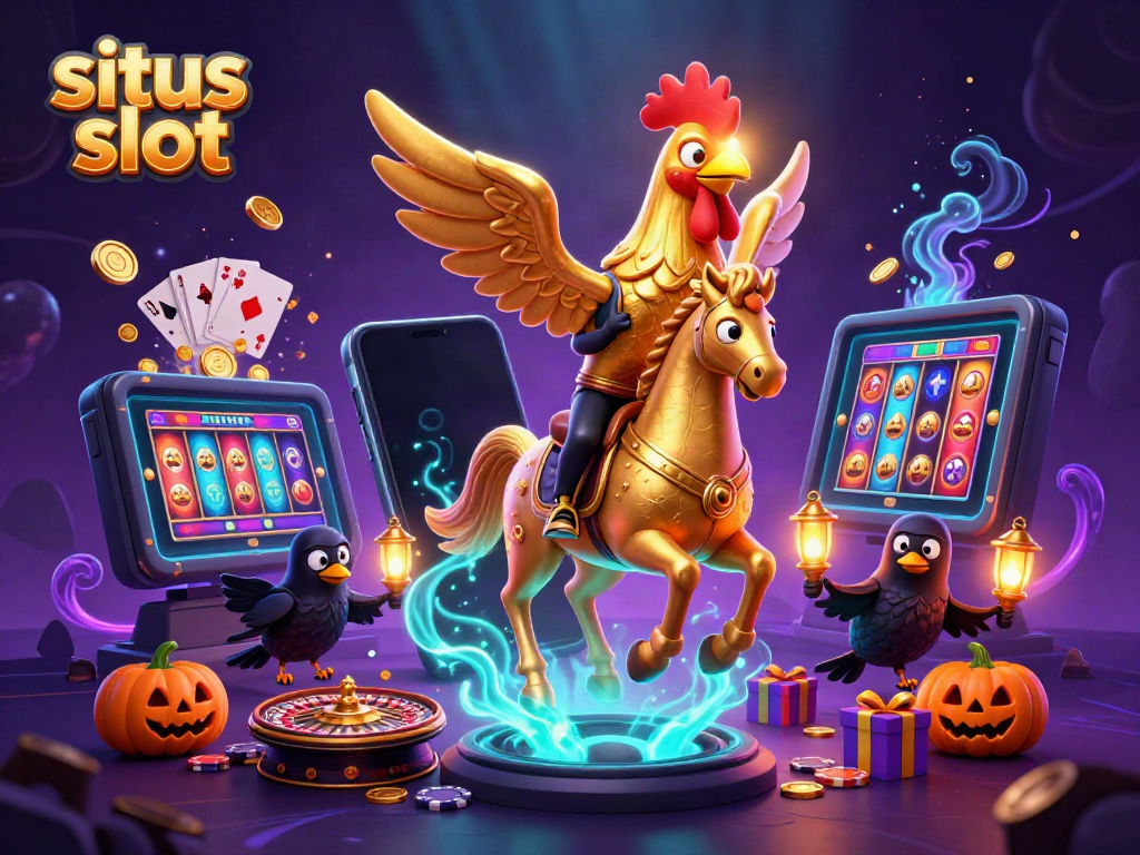 Ilustrasi kasino malam dengan situs slot, ayam emas misterius, dan teman-teman burung gagak.