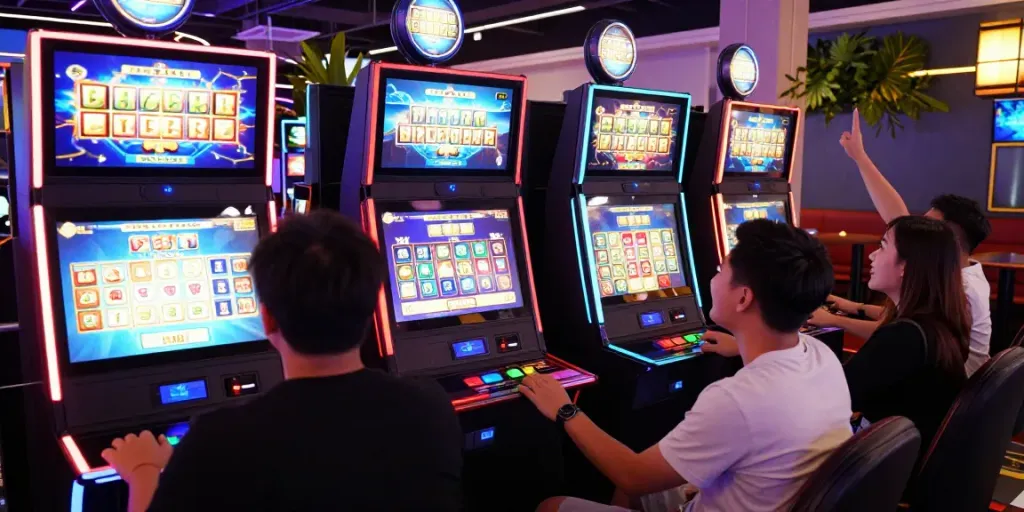 Players enjoying vibrant slot machines at a lively gaming lounge, featuring slot server thailand themes.