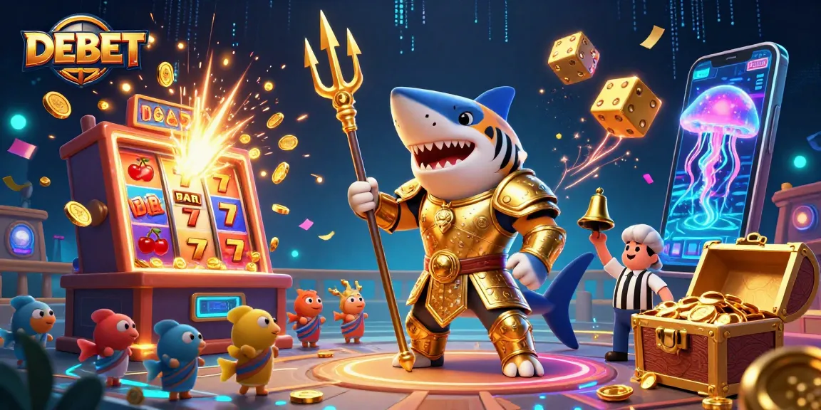Engage with DEBET through wild casino adventures featuring a shark gladiator in a vibrant underwater scene.