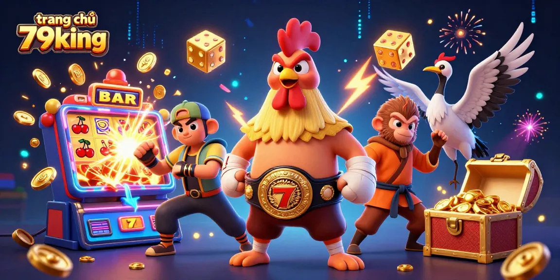 Experience the excitement at trang chủ 79king with a dynamic gambling illustration featuring iconic characters and casino games.