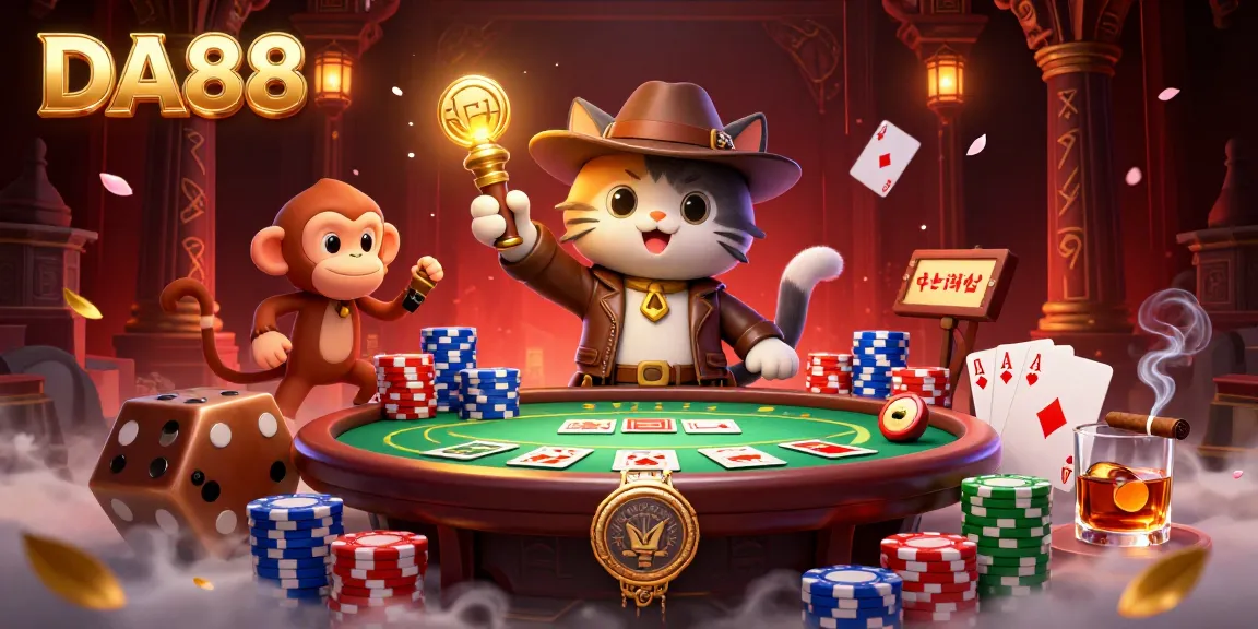 Engage at DA88 with a thrilling 3D scene of a cat explorer uncovering treasures amidst casino artifacts.