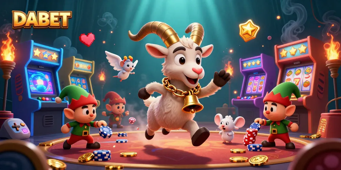 DABET invites gamers to win big in a vibrant casino scene featuring Krampus, an angel mouse, and mischievous gremlins.