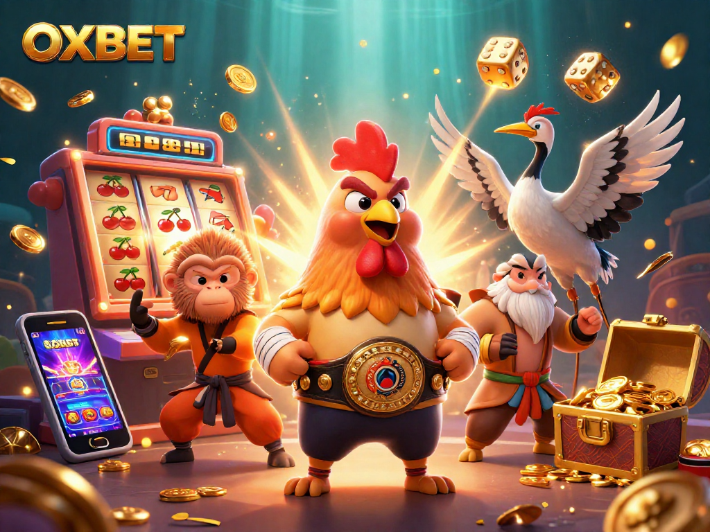 Experience the thrill of OXBET with a vibrant 3D illustration of dynamic casino characters and elements.