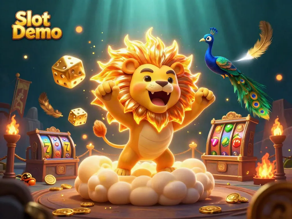 Experience Slot Demo excitement with a vibrant 3D casino scene featuring colorful slot machines and golden characters.