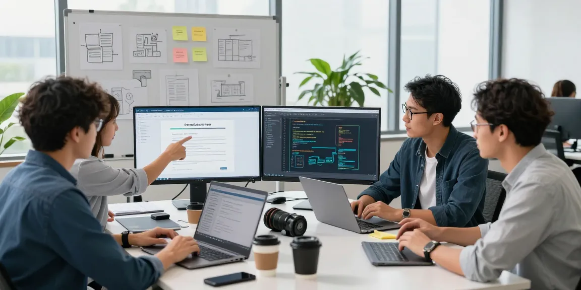 Developers collaborating on document fraud detection software project in a modern office.