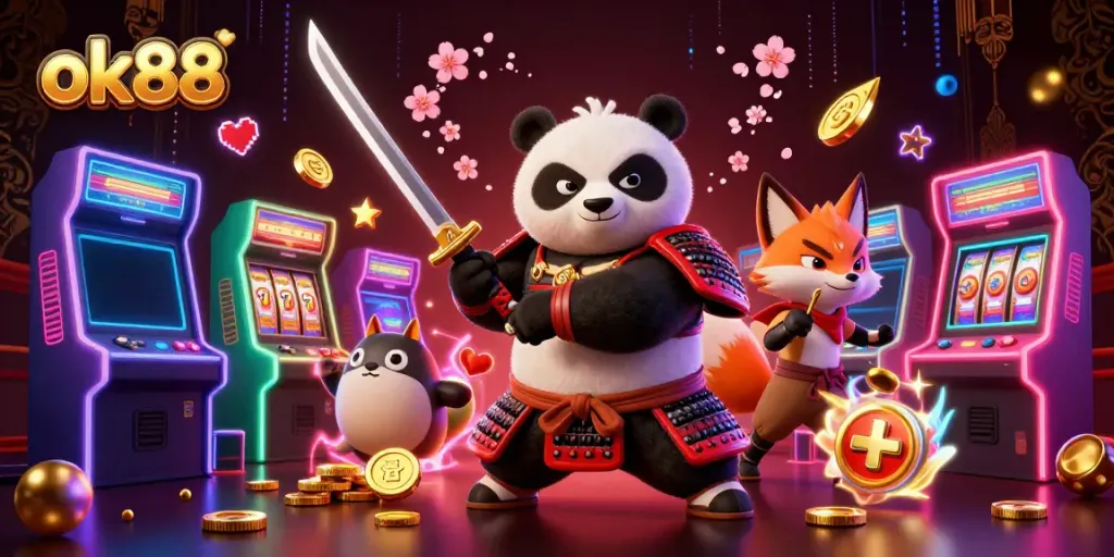 Experience thrilling gameplay with ok88's vibrant 3D casino illustration featuring a panda, fox, and tanuki amidst arcade adventures.