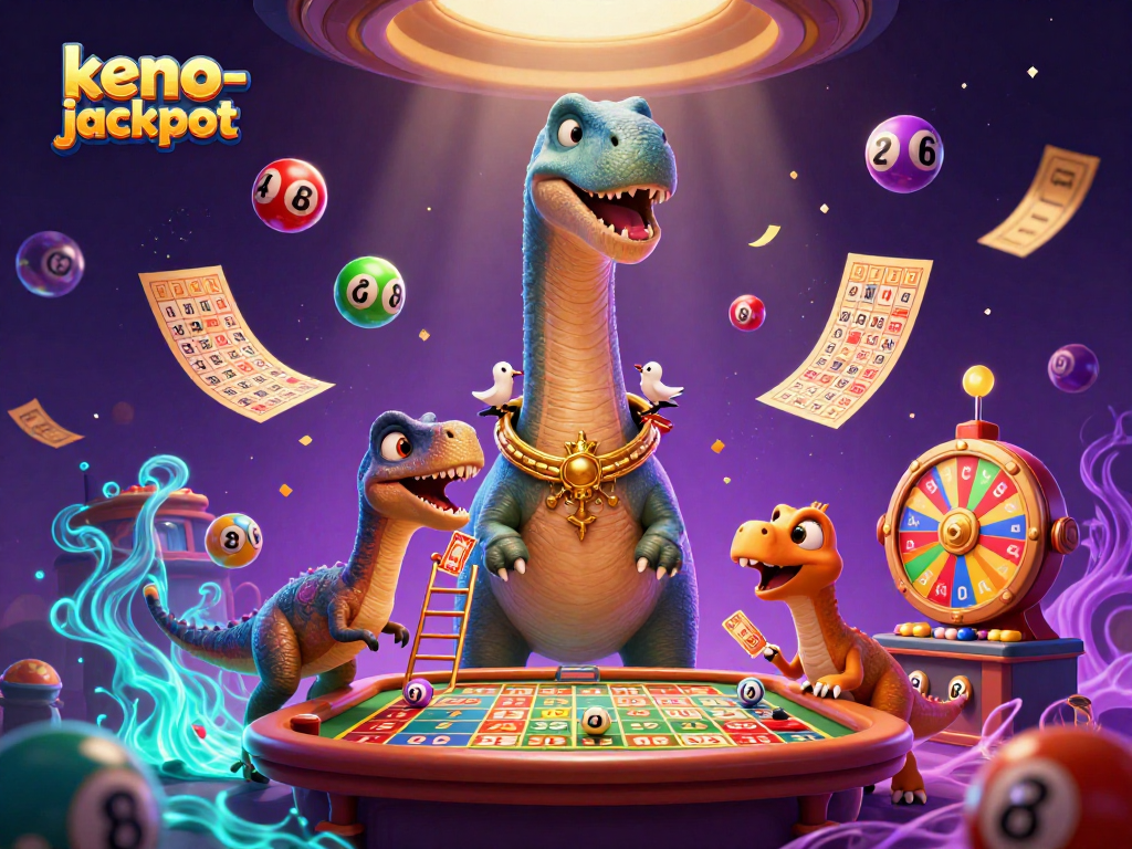 Engage in keno-jackpot action with a whimsical scene featuring a brontosaurus and colorful lottery elements.