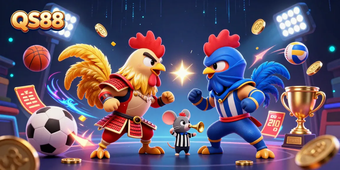 Catch thrilling action at QS88 featuring dynamic twin roosters in a vibrant casino showdown.