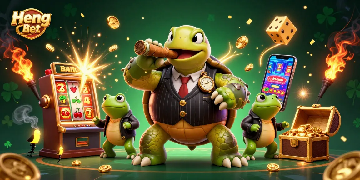 Heng Ong Bet scene with 3D turtle in a suit and two bullfrogs, vibrant slot machine and golden elements